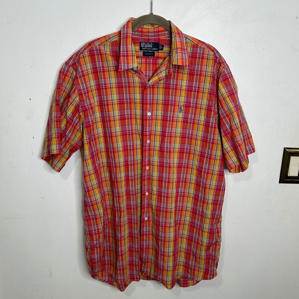 Polo Ralph Lauren Mens Large Pink Orange Plaid Short Sleeve Cotton Button Shirt